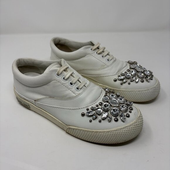 Miu Miu Sneaker Womens 38 / US 7.5 White Crystal Embellishment Leather Low Top